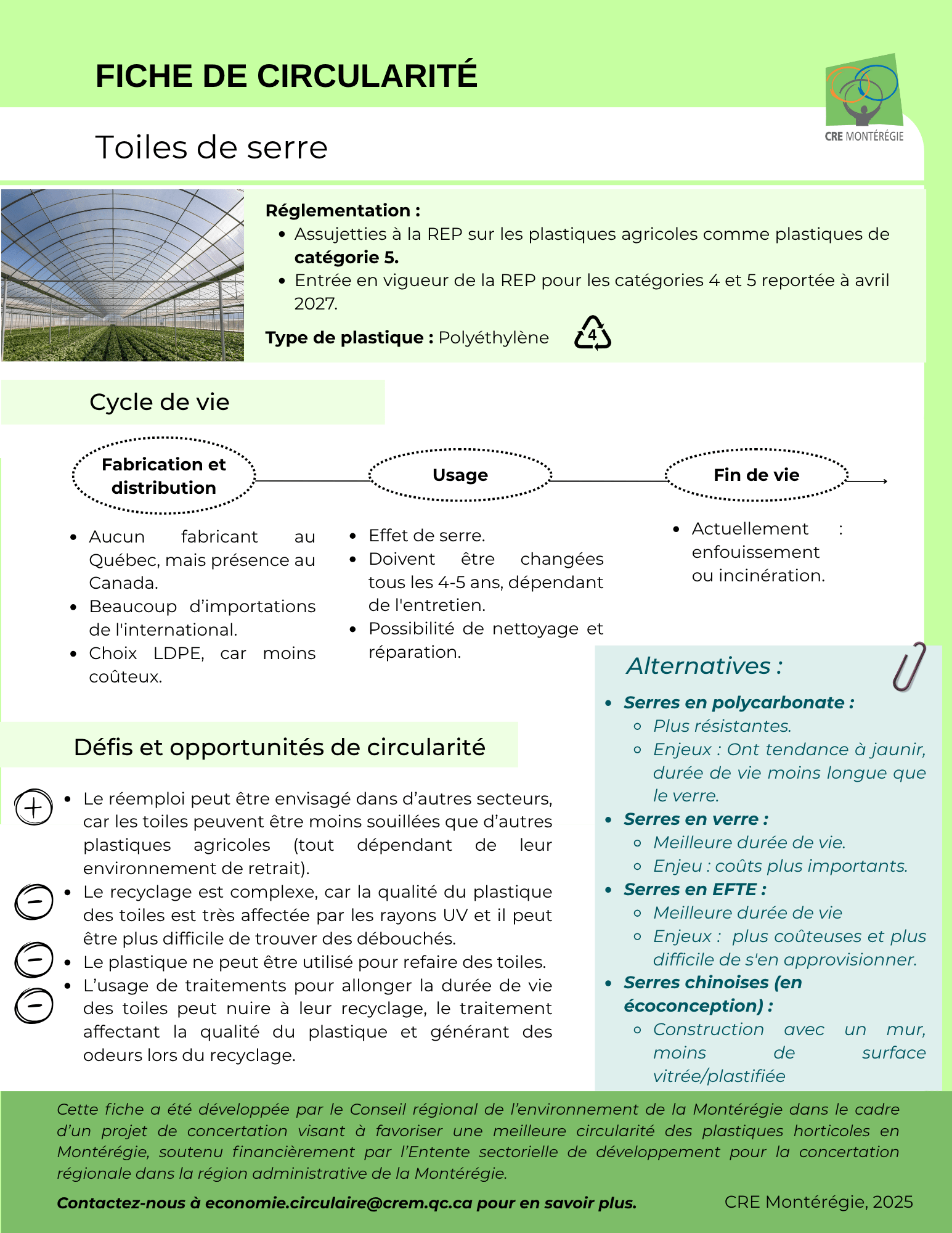 Fiche de circularité - Toiles de serre - CRE Montérégie